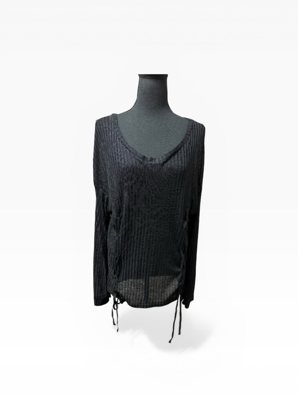 NWT Oh Concept Black Sheer Ribbed Top Lace Up Sides Long Sleeve Boho Chic L